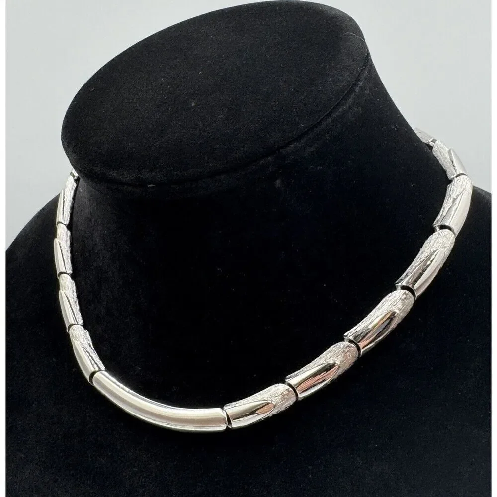 Monet Signed Silver Tone Brushed Polished Vintage Choker Necklace Estate Jewelry